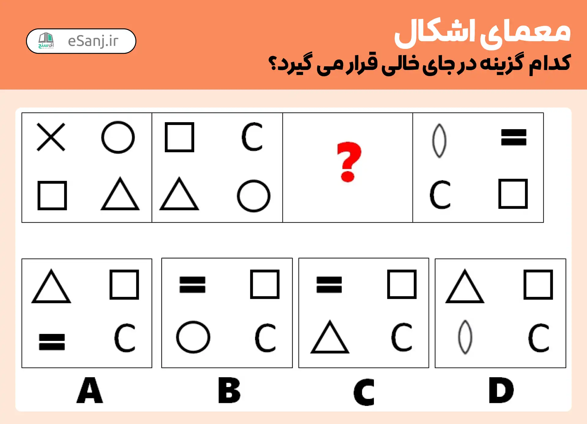معمای اشکال: بر اساس الگو، گزینه صحیح کدام است؟