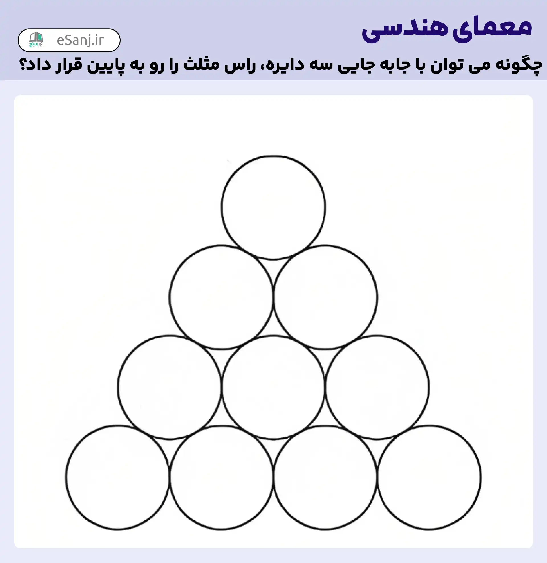 معمای هندسی: چگونه با تغییر سه دایره راس مثلث رو به پایین قرار می گیرد؟